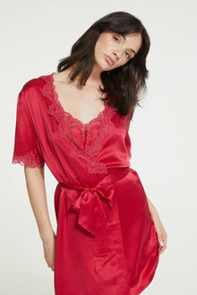 Silk Short Wrap Gown with Lace Trim | Ruby