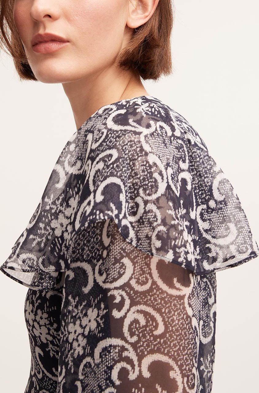 Rochelle Fleur Ruffle Silk Dress | Rochelle Fleur Navy Combo