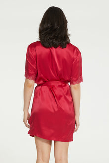 Silk Short Wrap Gown with Lace Trim | Ruby