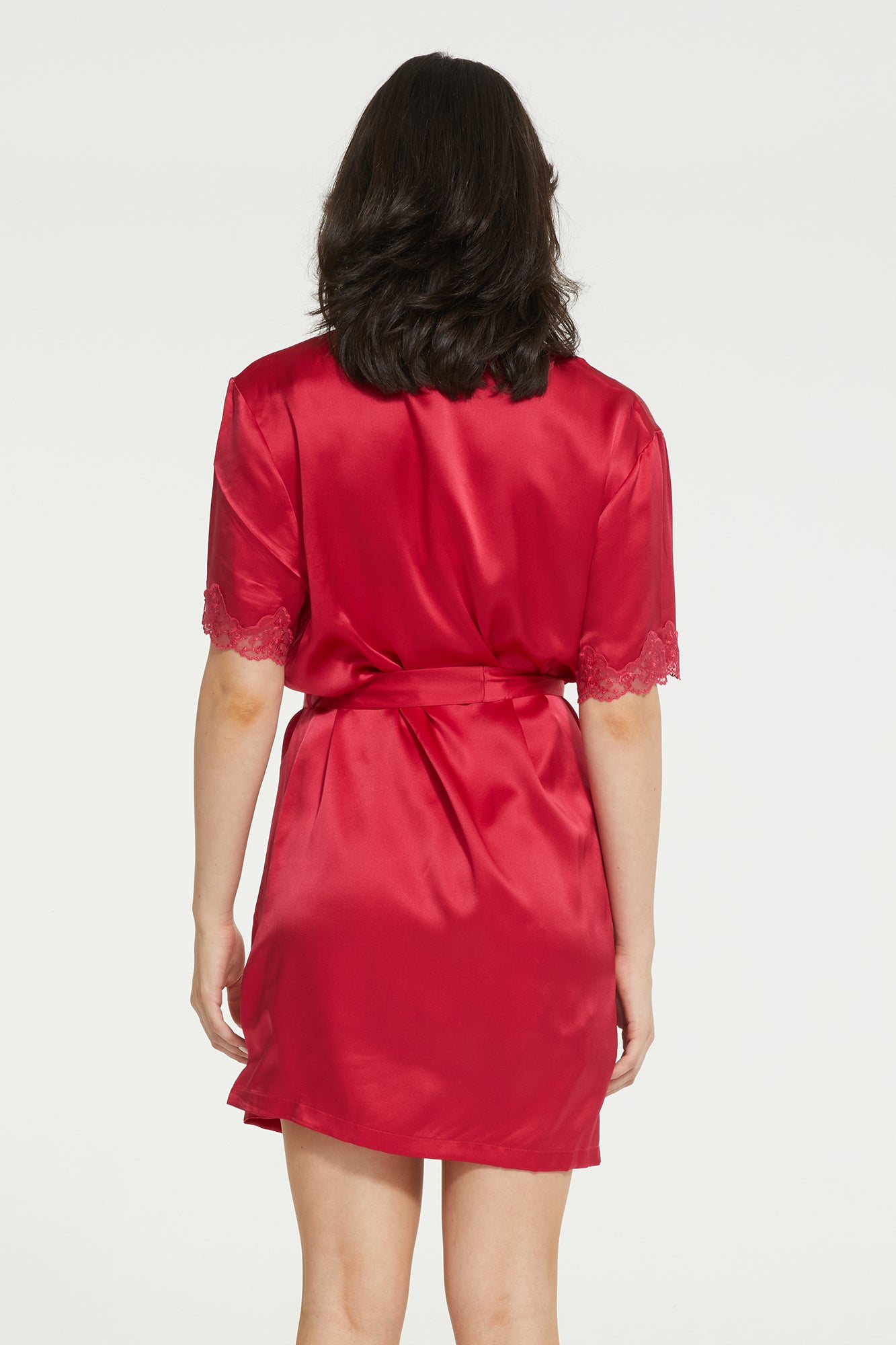 Silk Short Wrap Gown with Lace Trim | Ruby