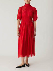 Viscose Chiffon Smocked Waist Dress | Red Lip