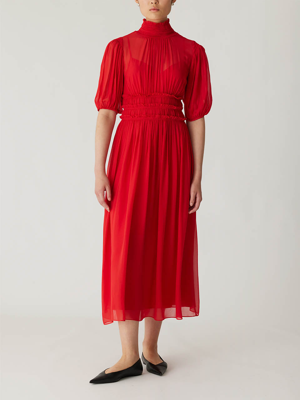 Viscose Chiffon Smocked Waist Dress | Red Lip