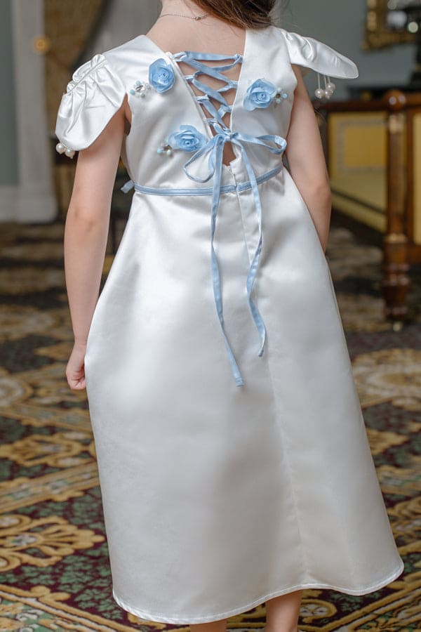 Baby Girls | Daphne Satin Dress with Embroidery | White & Blue