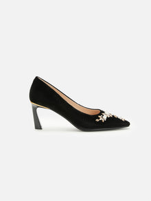 Peony Diamond Velvet High Heels | Black