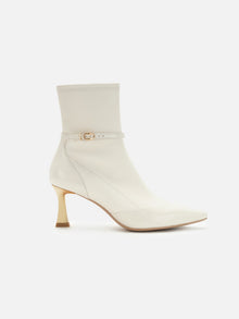 Stretch Lambskin Spliced Pointed Toe High-Heeled Ankle Boots | White