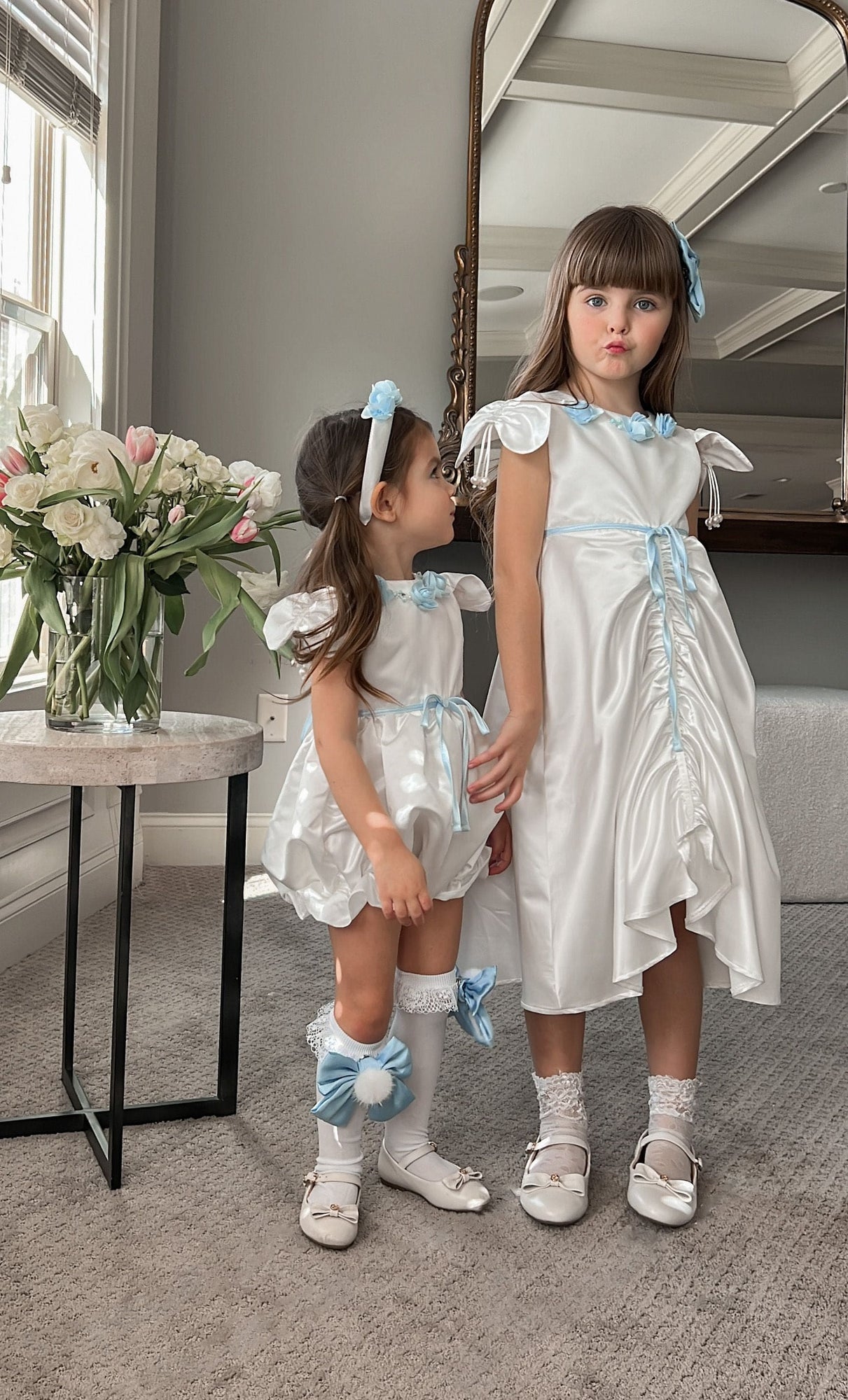 Baby Girls | Daphne Satin Dress with Embroidery | White & Blue