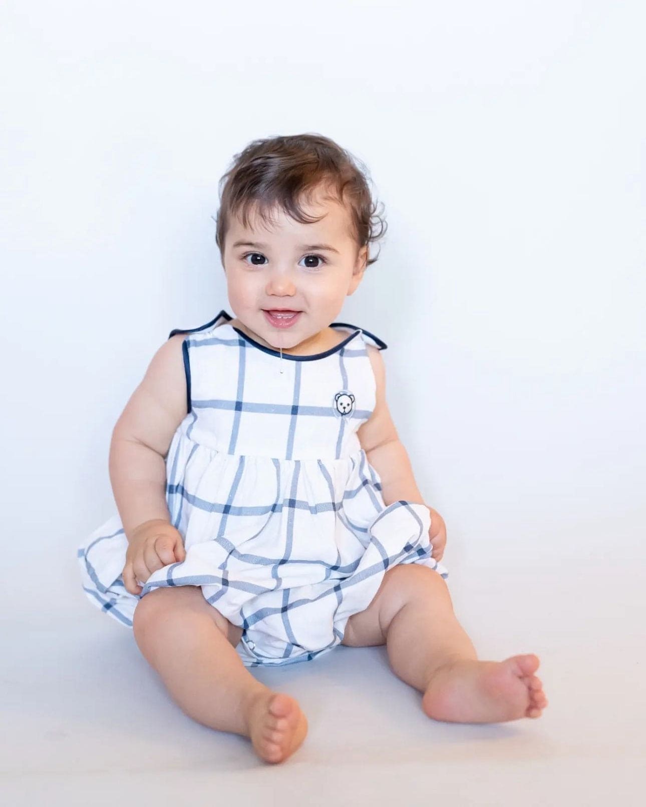 Baby Unisex | Checkered Linen Baby Boy Romper | White x Blue