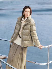 Silk Jacquard Stand-Collar Goose Down Coat | Khaki