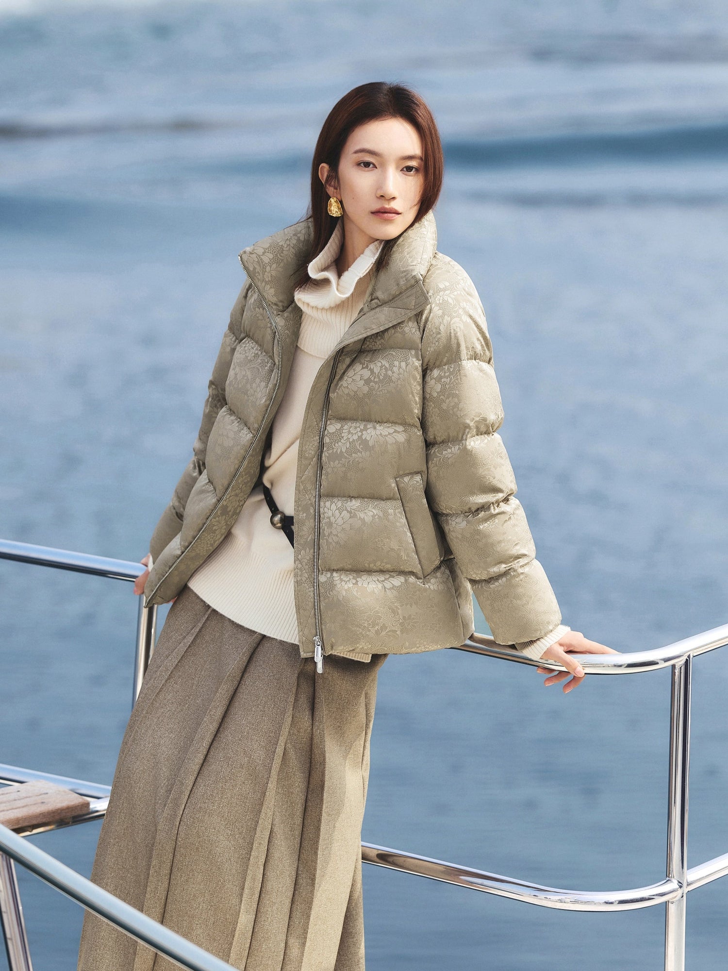 Silk Jacquard Stand-Collar Goose Down Coat | Khaki