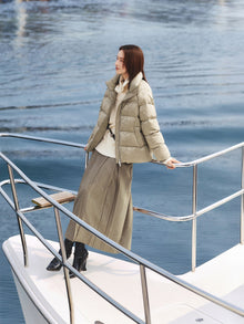 Silk Jacquard Stand-Collar Goose Down Coat | Khaki