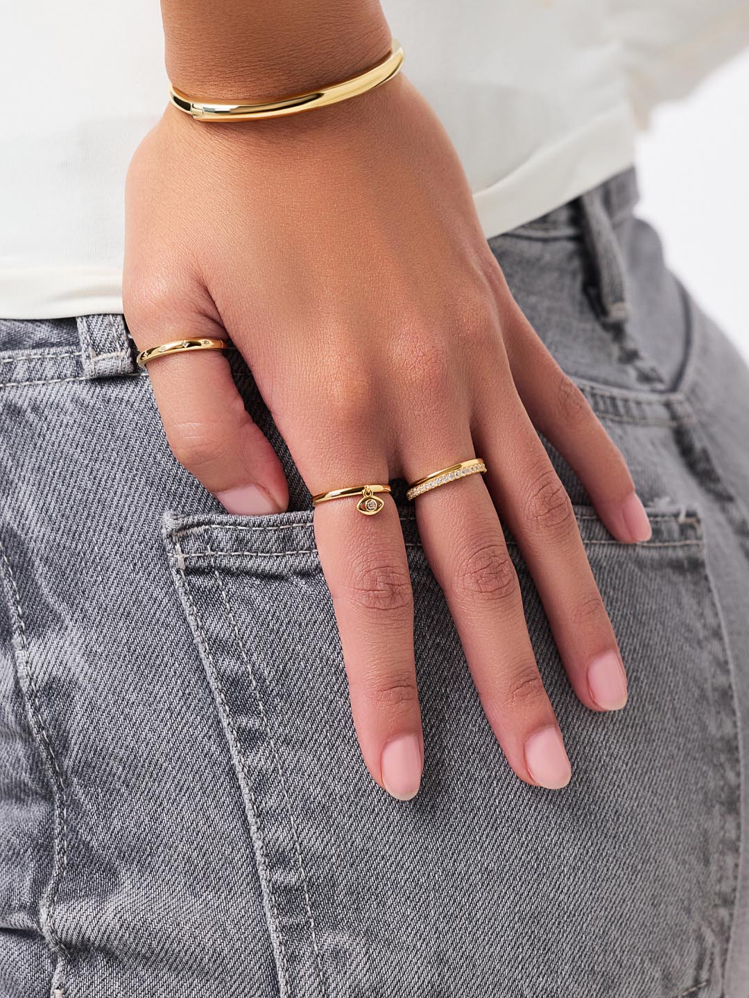 14K Gold Plated Cubic Zirconia Charm Rings Evil Eye Spiritual Goodluck Band Rings For Women Ana Luisa Tanner