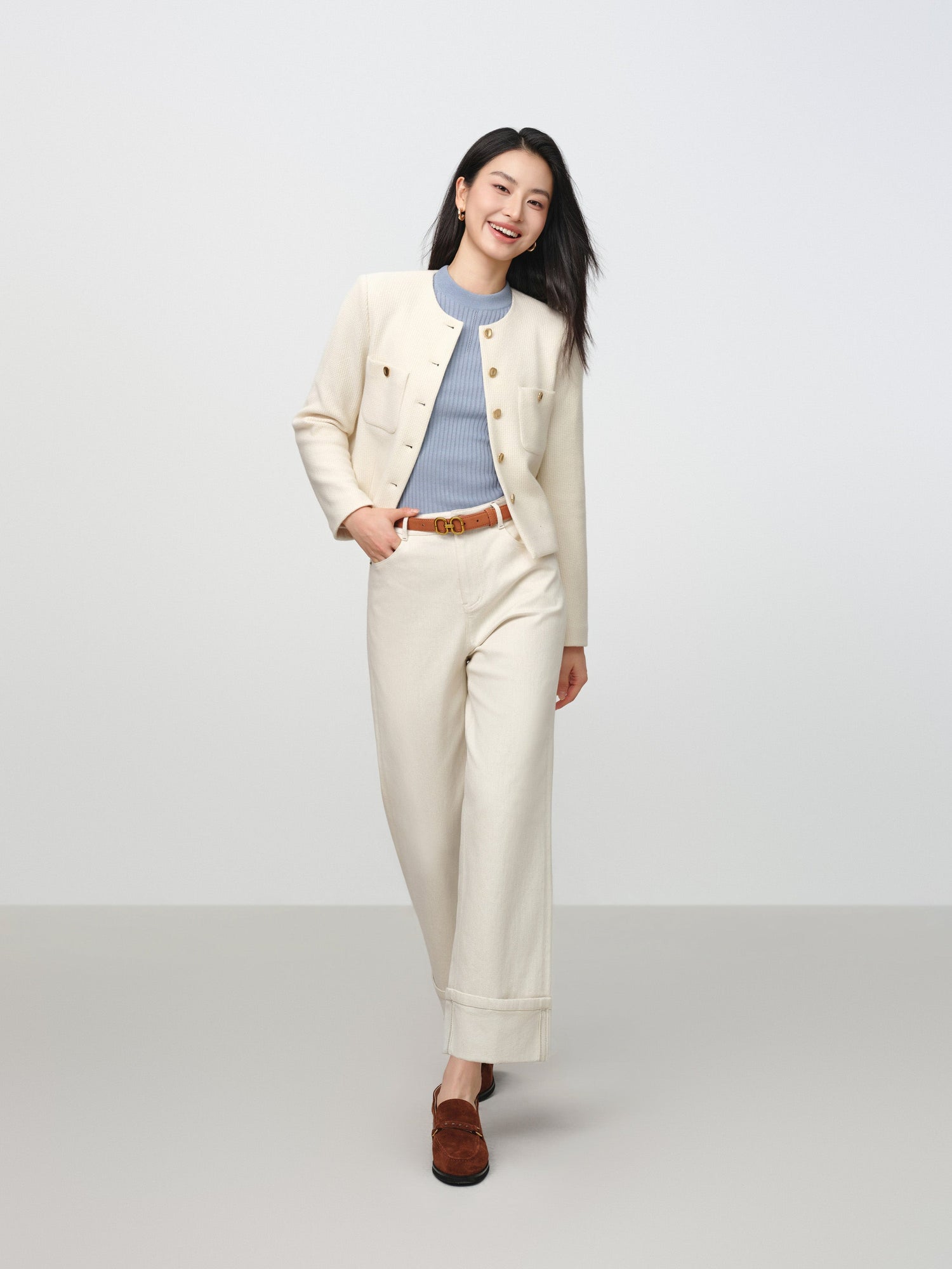 Tweed-Style Plaid Collarless Jacket | White
