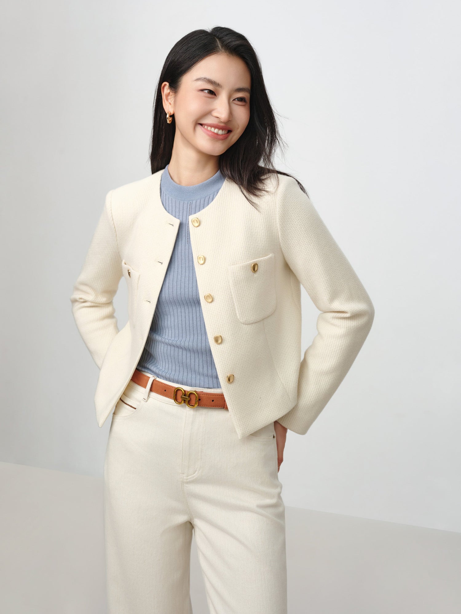 Tweed-Style Plaid Collarless Jacket | White