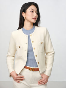 Tweed-Style Plaid Collarless Jacket | White