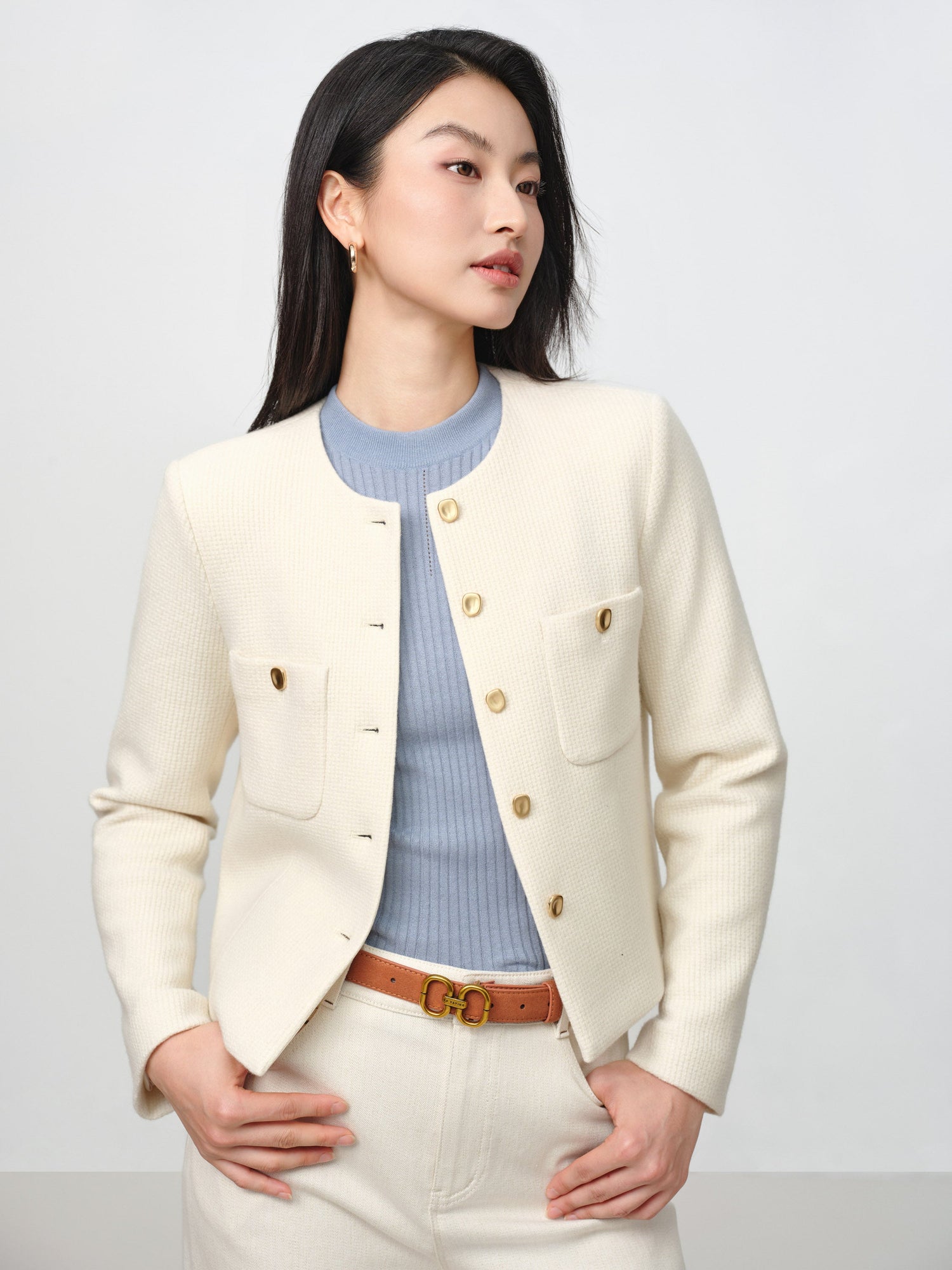Tweed-Style Plaid Collarless Jacket | White