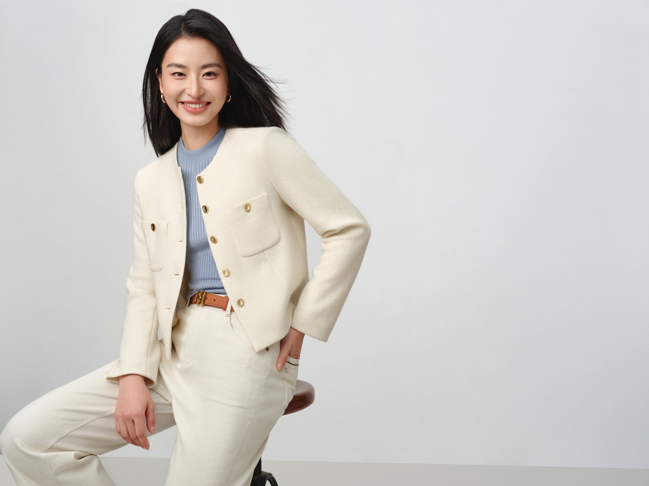Tweed-Style Plaid Collarless Jacket | White
