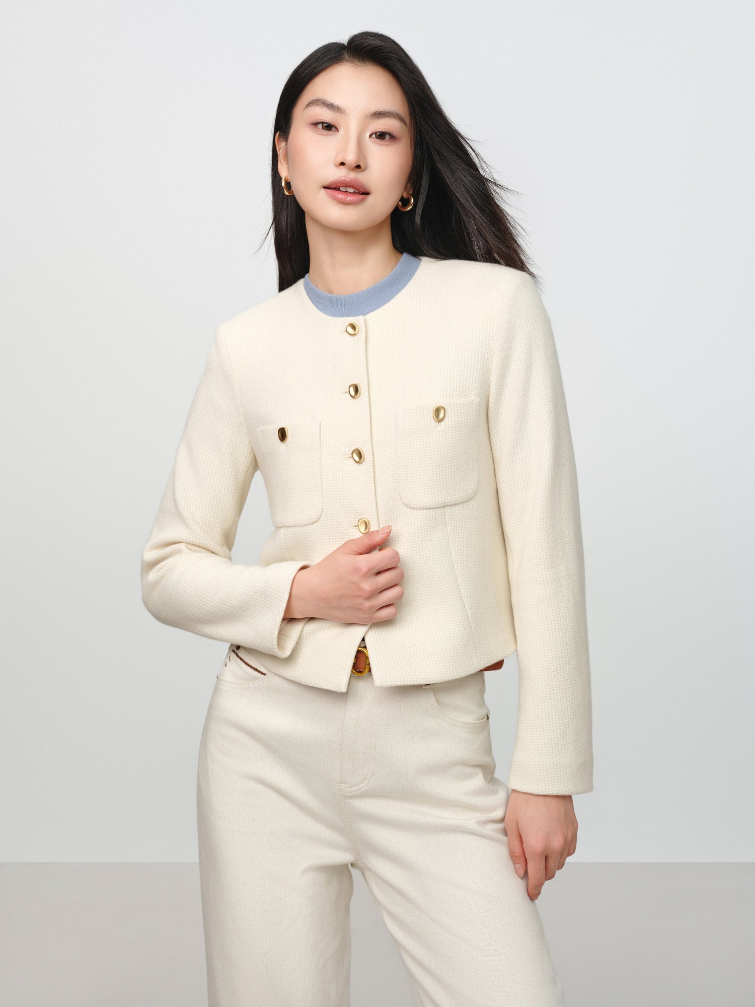 Tweed-Style Plaid Collarless Jacket | White