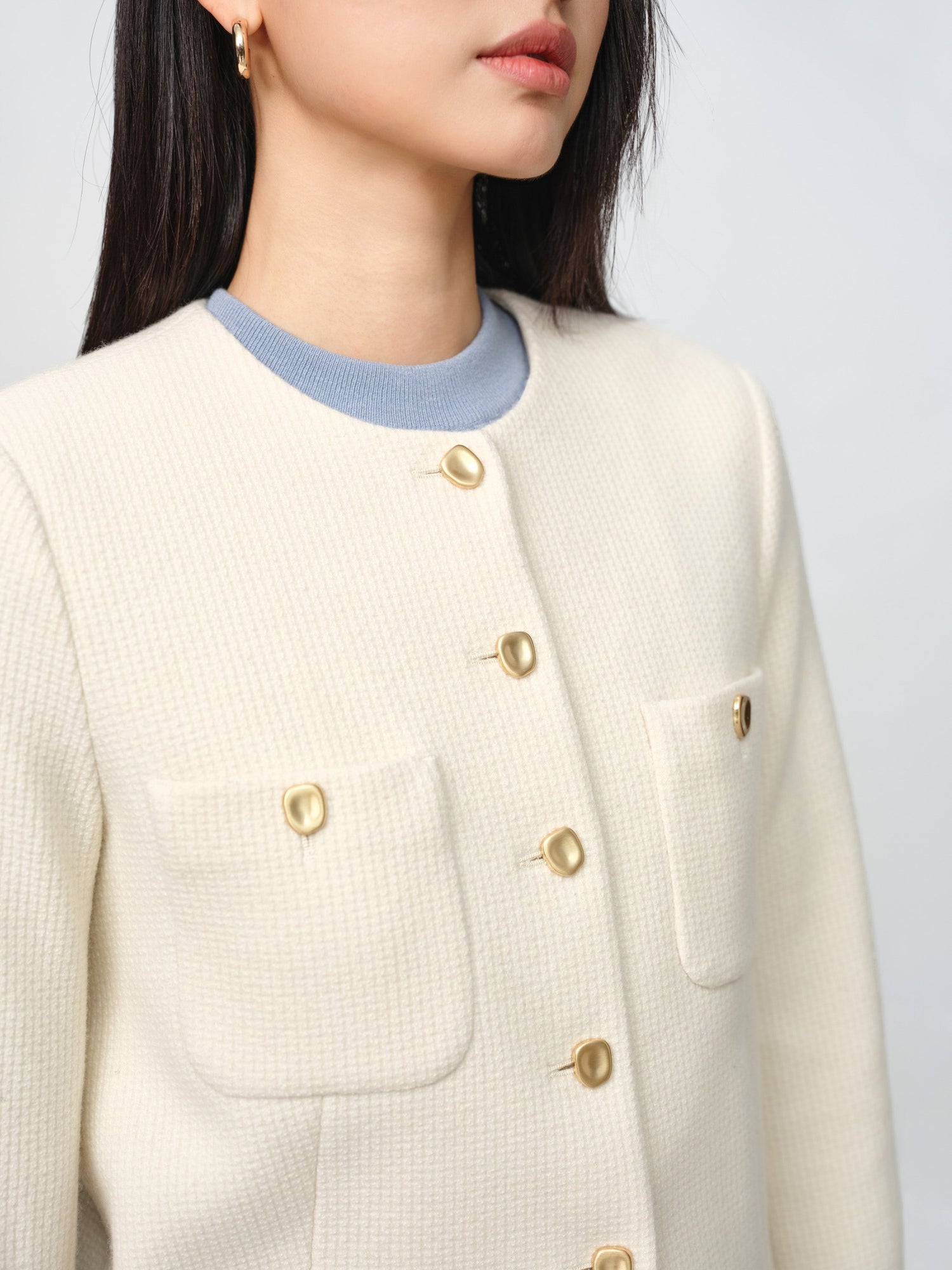 Tweed-Style Plaid Collarless Jacket | White