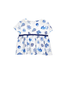 Girls | Marine Print Satin Top | White/Bluette