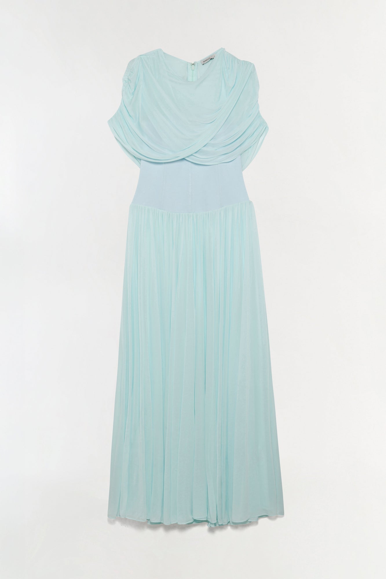 Light blue draped jersey maxi dress with cape-style neckline and pleated skirt.