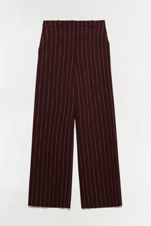 Burgundy pinstriped wide-leg suiting pants with flat front and straight silhouette.