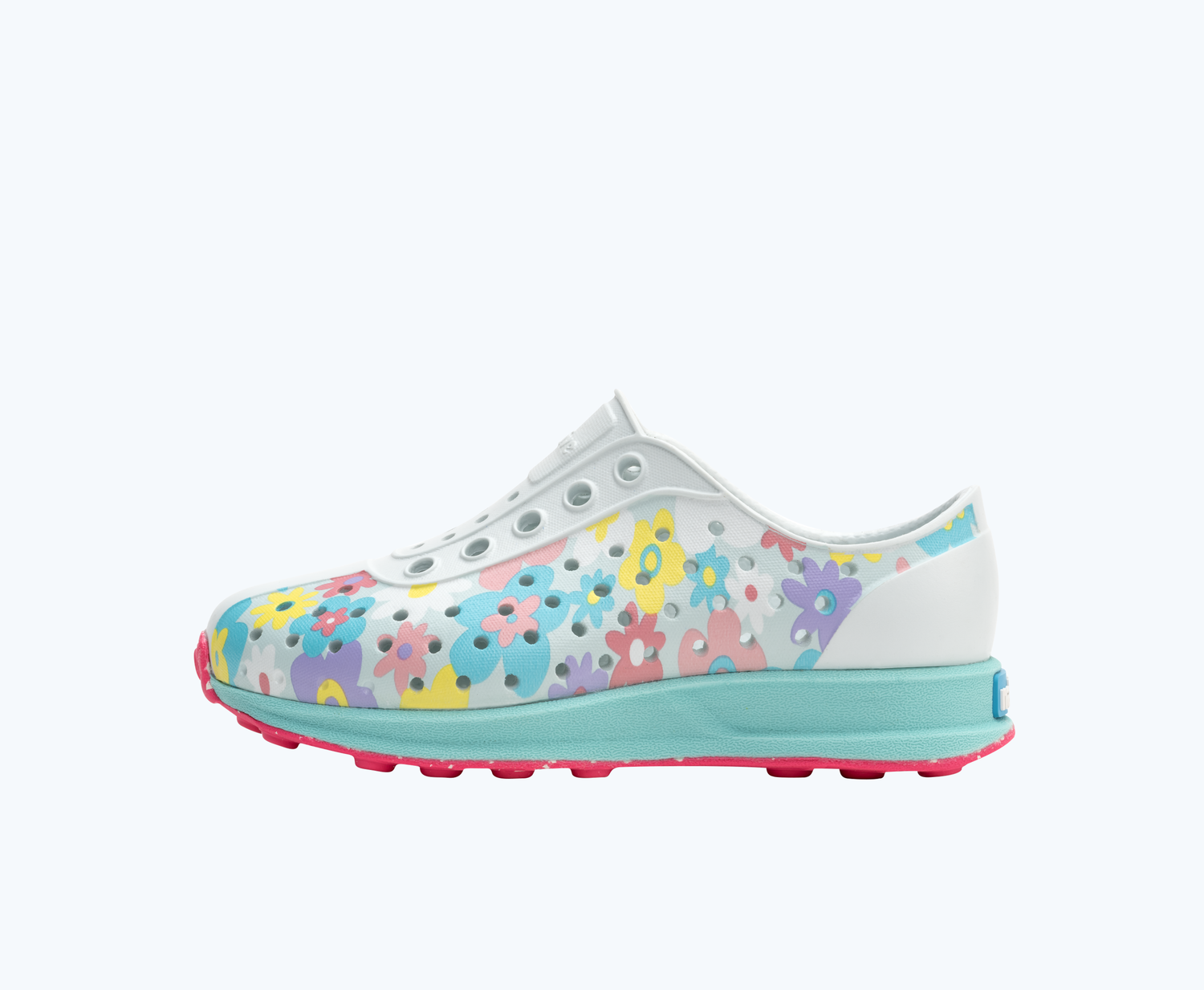 Side view of a Native Shoes Kids Robbie Print Kids | Coastal Blue/ Hydrangea Blue/ Pastel Daisy/ Dazzle Speckle Rubber Footwear