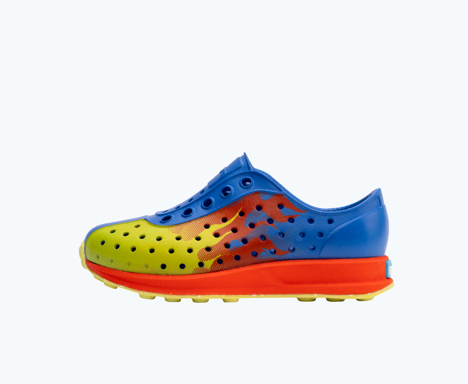 Side view of a Native Shoes Kids Robbie Print Kids | Uv Blue/ Fire Red/ Chartreuse Flame/ Celery Speckle Rubber Footwear