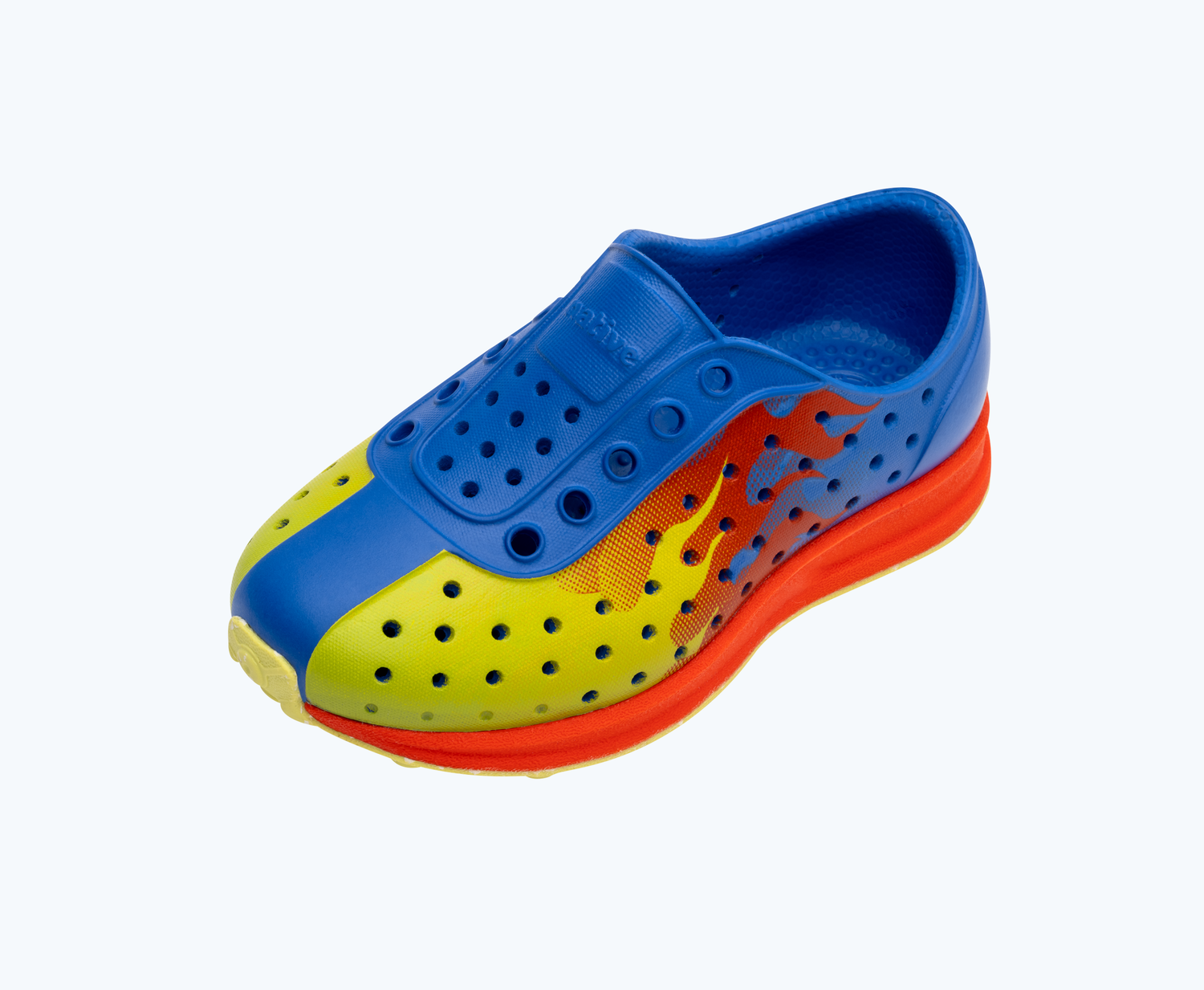 Angled view of a Native Shoes Kids Robbie Print Kids | Uv Blue/ Fire Red/ Chartreuse Flame/ Celery Speckle Rubber Footwear