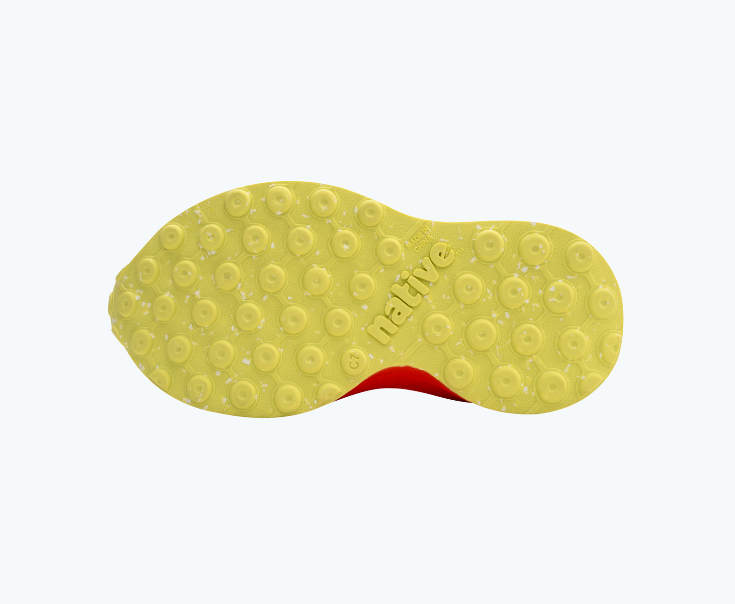 Bottom view of a Native Shoes Kids Robbie Print Kids | Uv Blue/ Fire Red/ Chartreuse Flame/ Celery Speckle Rubber Footwear