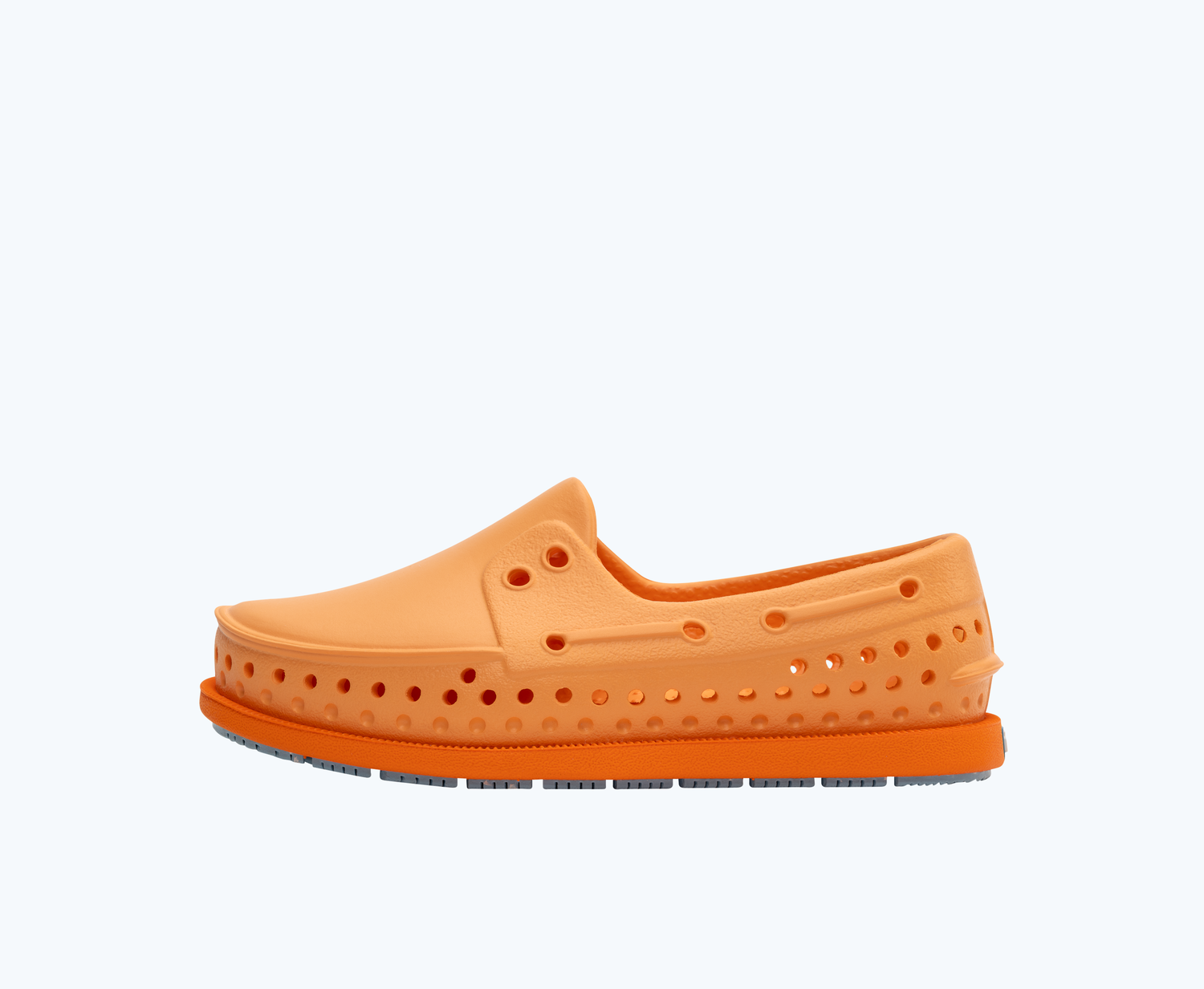 Side view of a Native Shoes Kids Howard Sugarlite Kids | Papaya Orange/ City Orange/ Sky Speckle Rubber Footwear