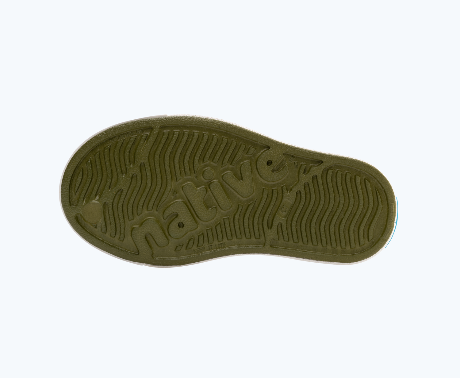 Bottom view of a Native Shoes Kids Jefferson Print Kids | Rookie Green/ Shell White/ Bitter Seaweed Camo Footwear