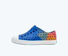 Side view of a Native Shoes Kids Jefferson Block Kids | Uv Blue/ Shell White/ Hyper Freesia Celery Block Footwear