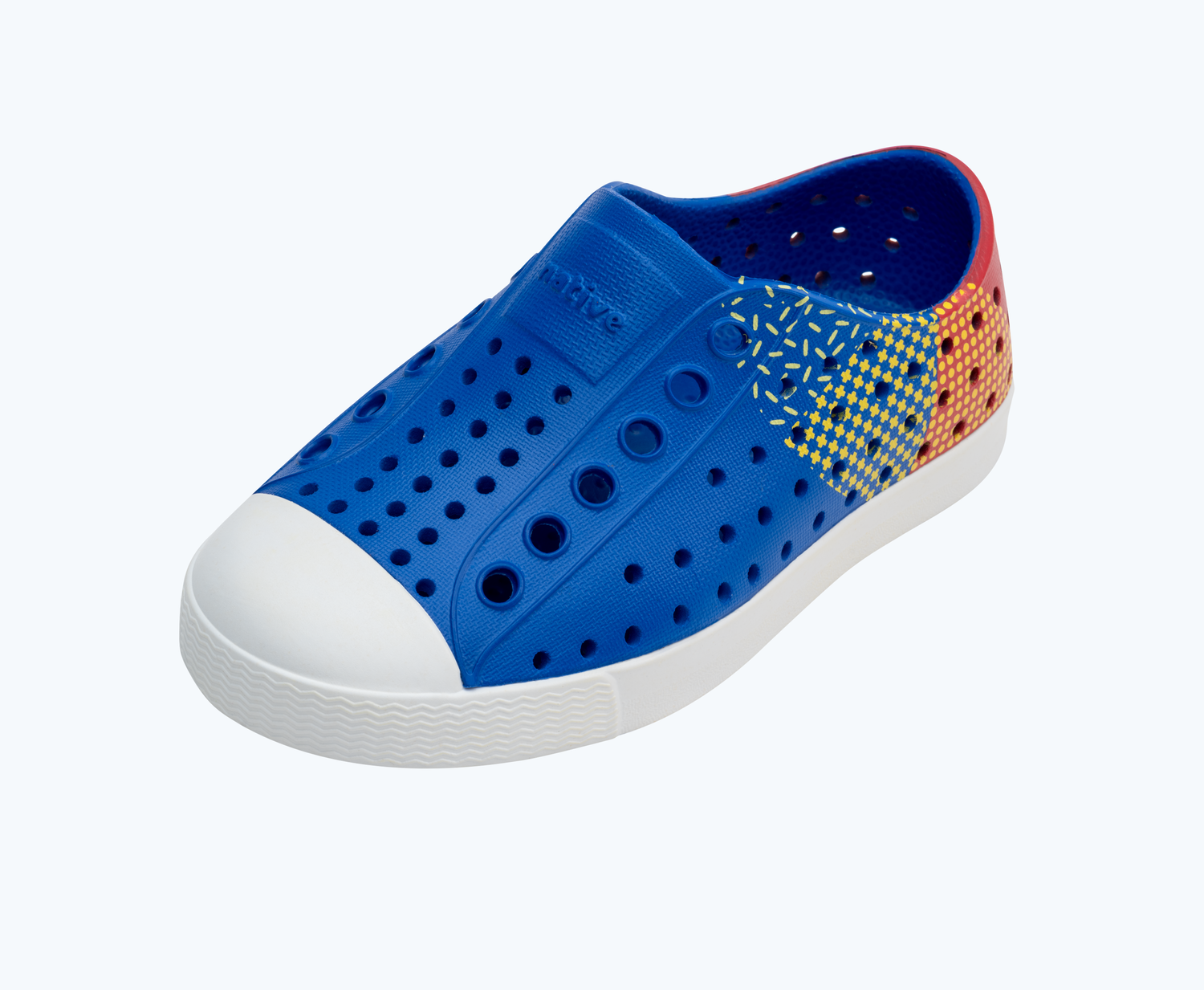 Angled view of a Native Shoes Kids Jefferson Blocks Kids | Uv Blue/ Shell White/ Hyper Freesia Celery Block Footwear