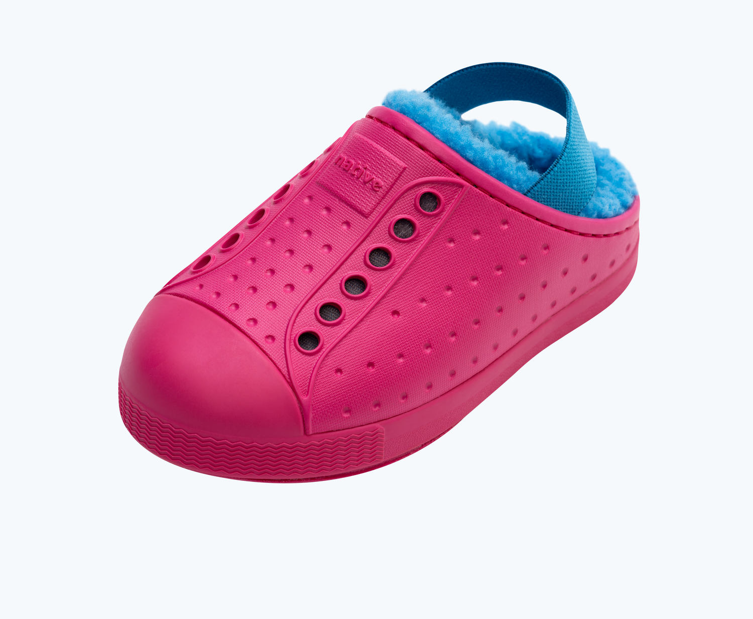 Angled view of a Native Shoes Kids Jefferson Cozy Kids | Radberry Pink/ Radberry Pink/ Sky Blue Footwear