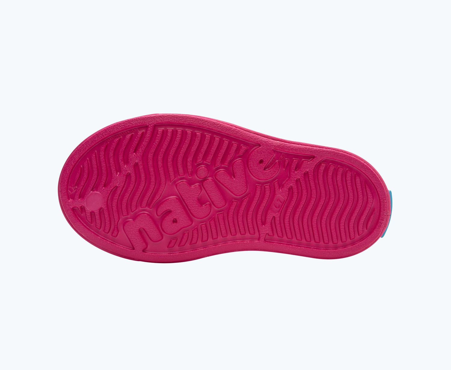 Bottom view of a Native Shoes Kids Jefferson Cozy Kids | Radberry Pink/ Radberry Pink/ Sky Blue Footwear