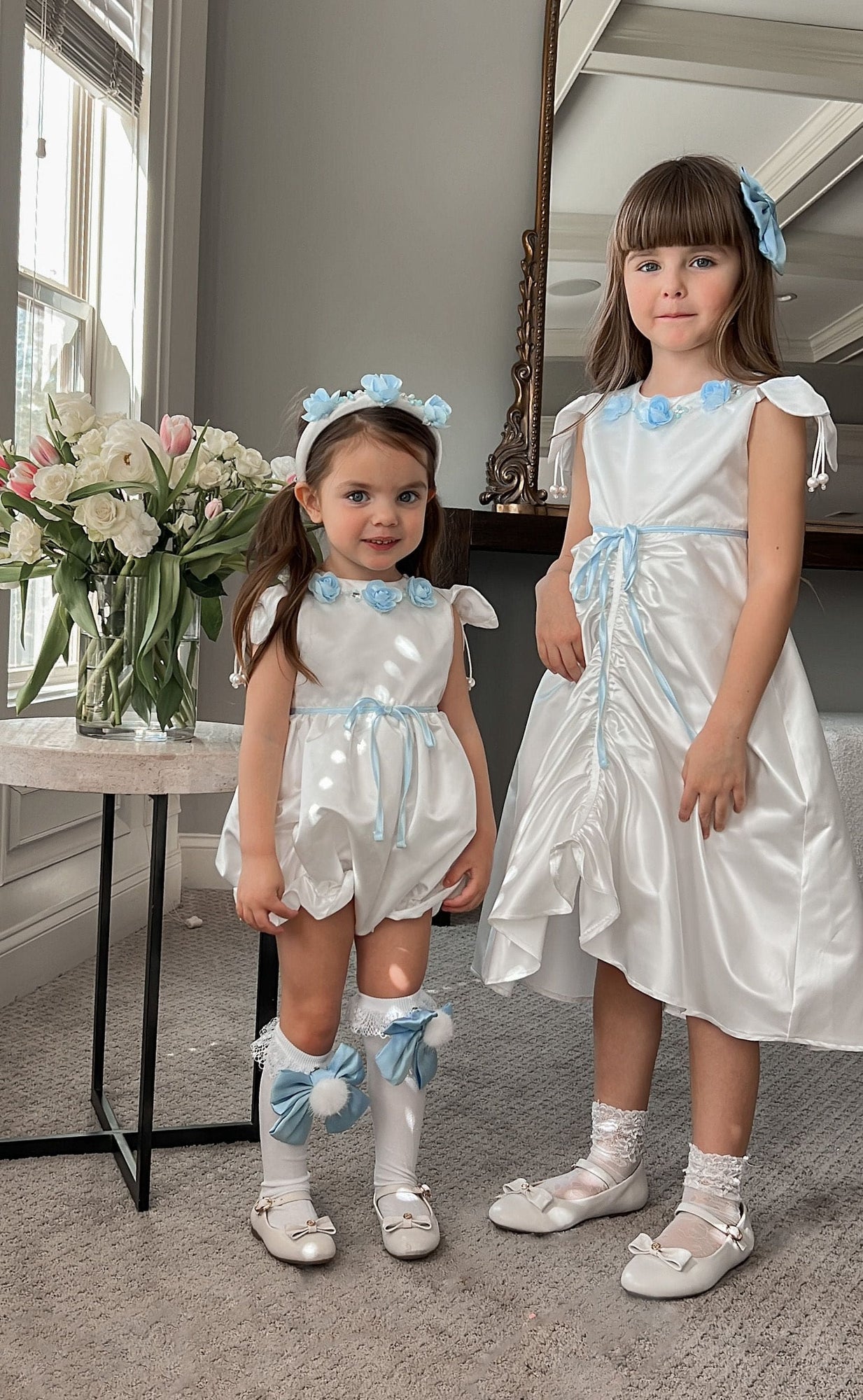 Baby Girls | Daphne Satin Dress with Embroidery | White & Blue