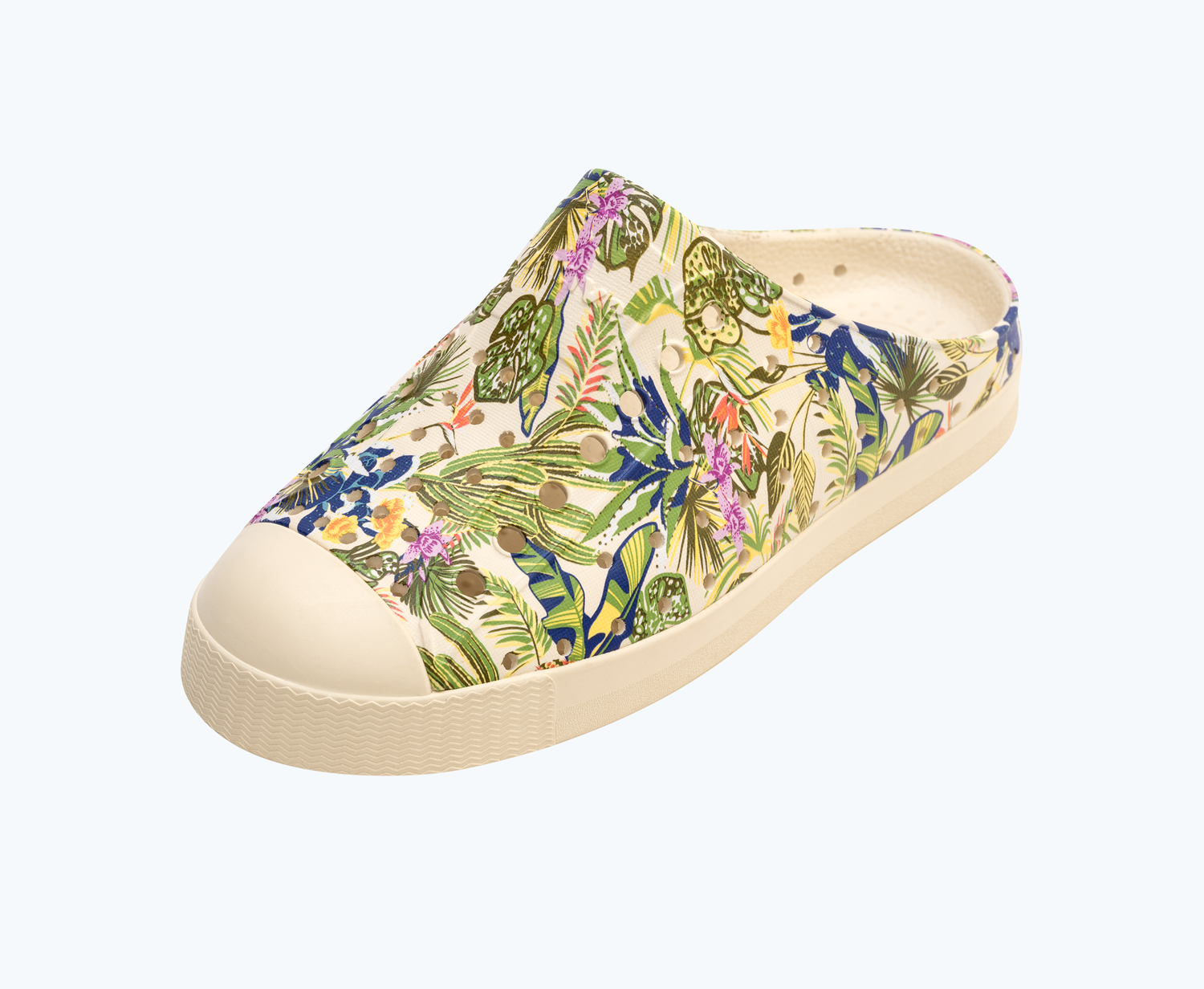 Angled view of a Native Shoes Kids Jefferson Clog Print Kids | Bone White/ Shell White/ Seaweed Ink Tropic Footwear