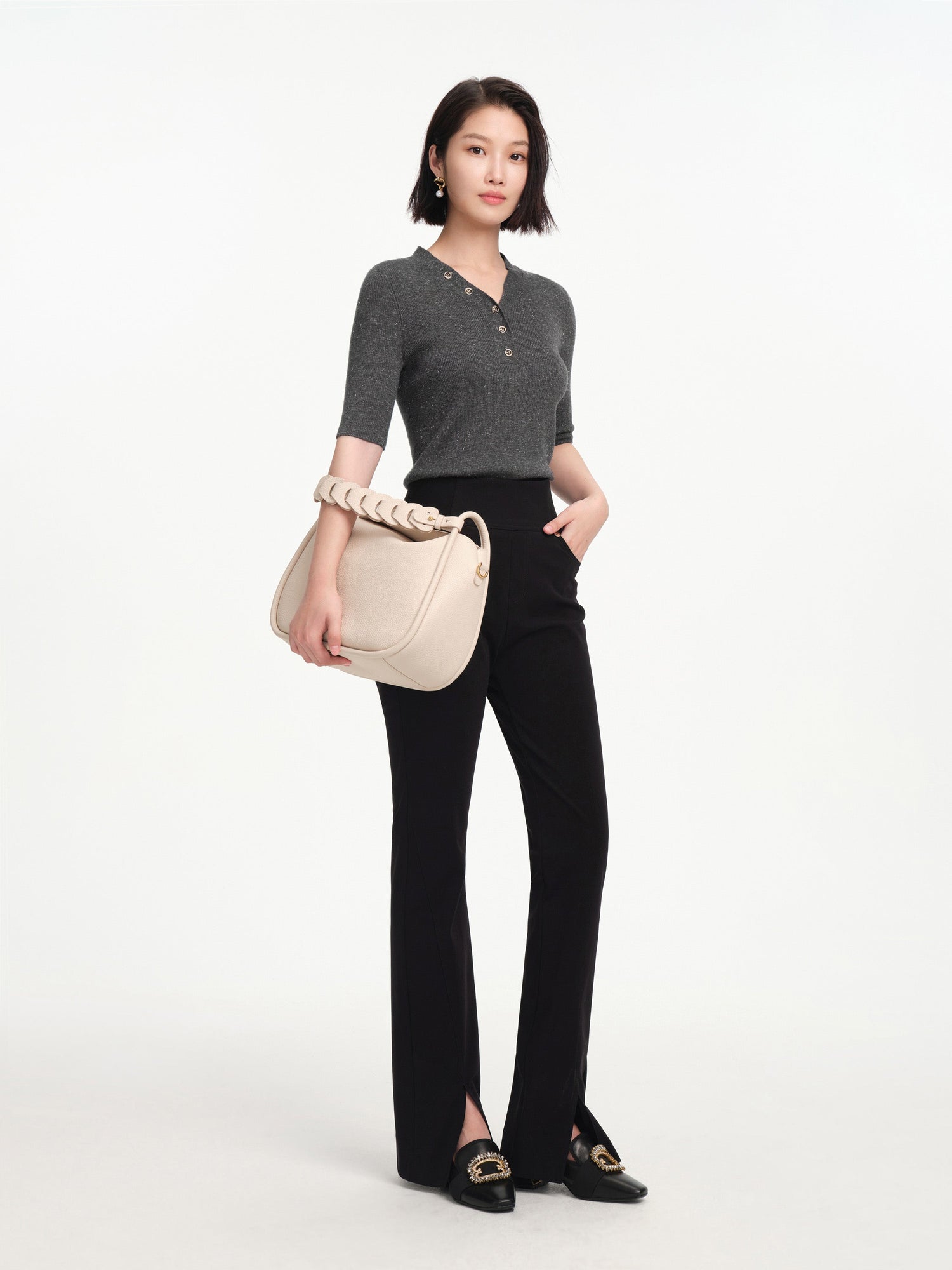 Wool V-neck Fit Sweater Top | Grey