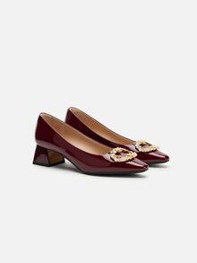 Decorative Buckle Chunky Heel Commuter Flats | Wine Red