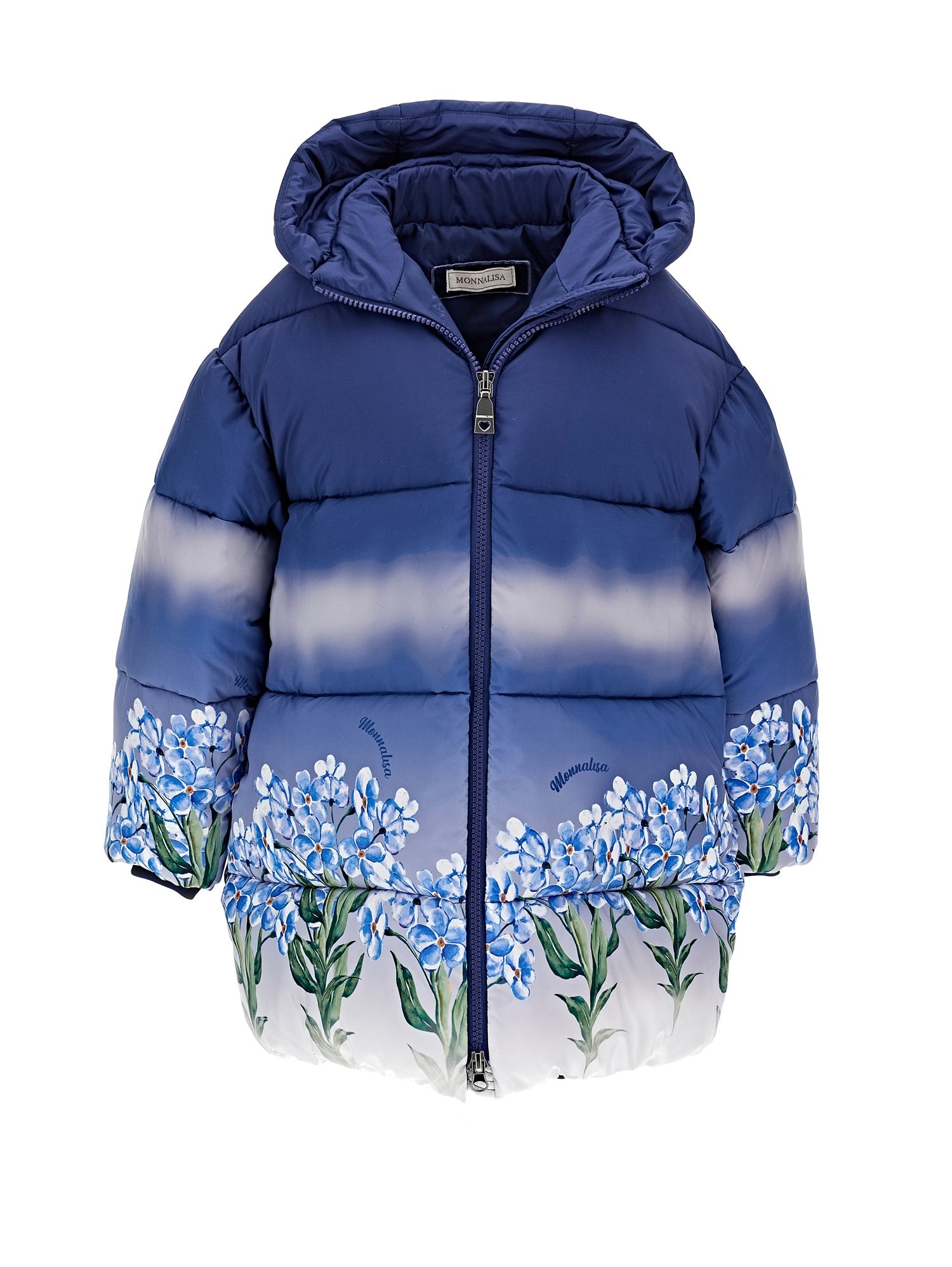Girls | Graduated Down Coat With Flowers | Blue/Cream