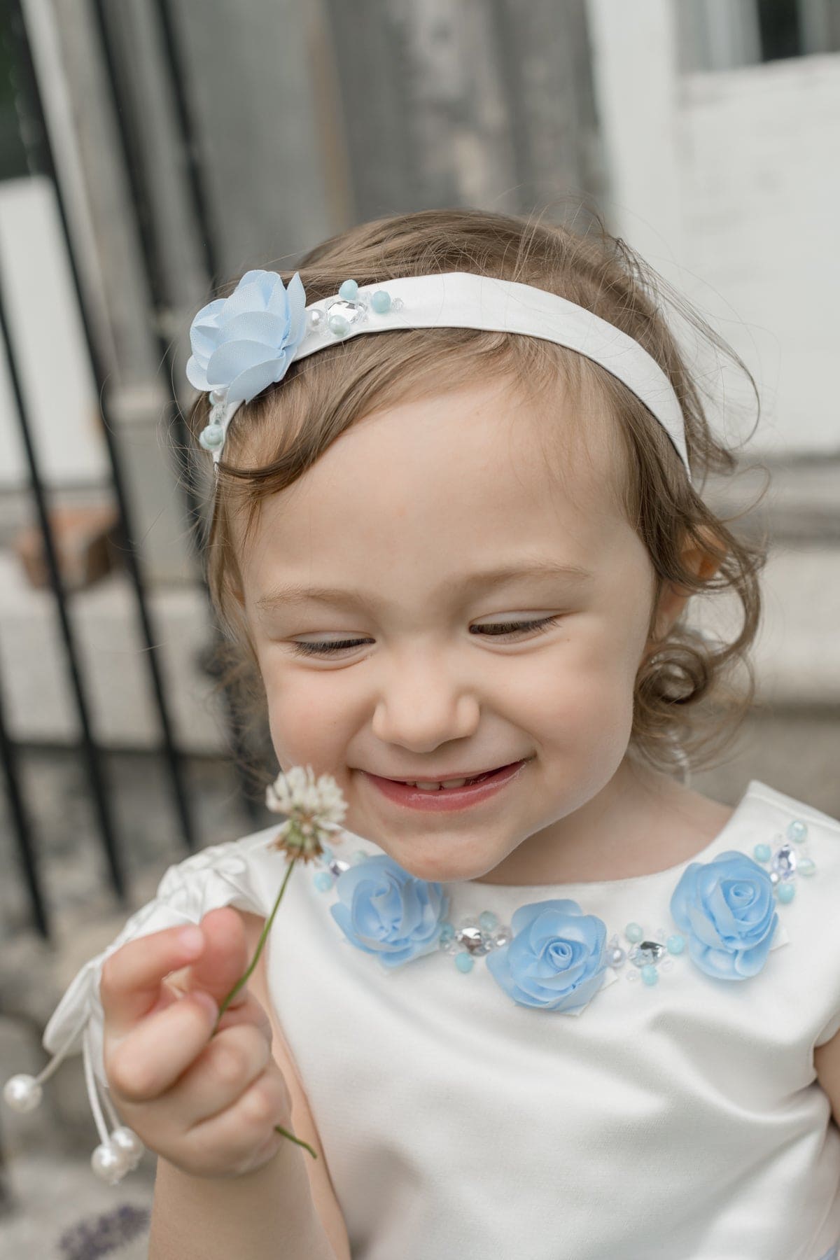 Baby Girls | Daphne Satin Romper with Embroidery | White & Blue