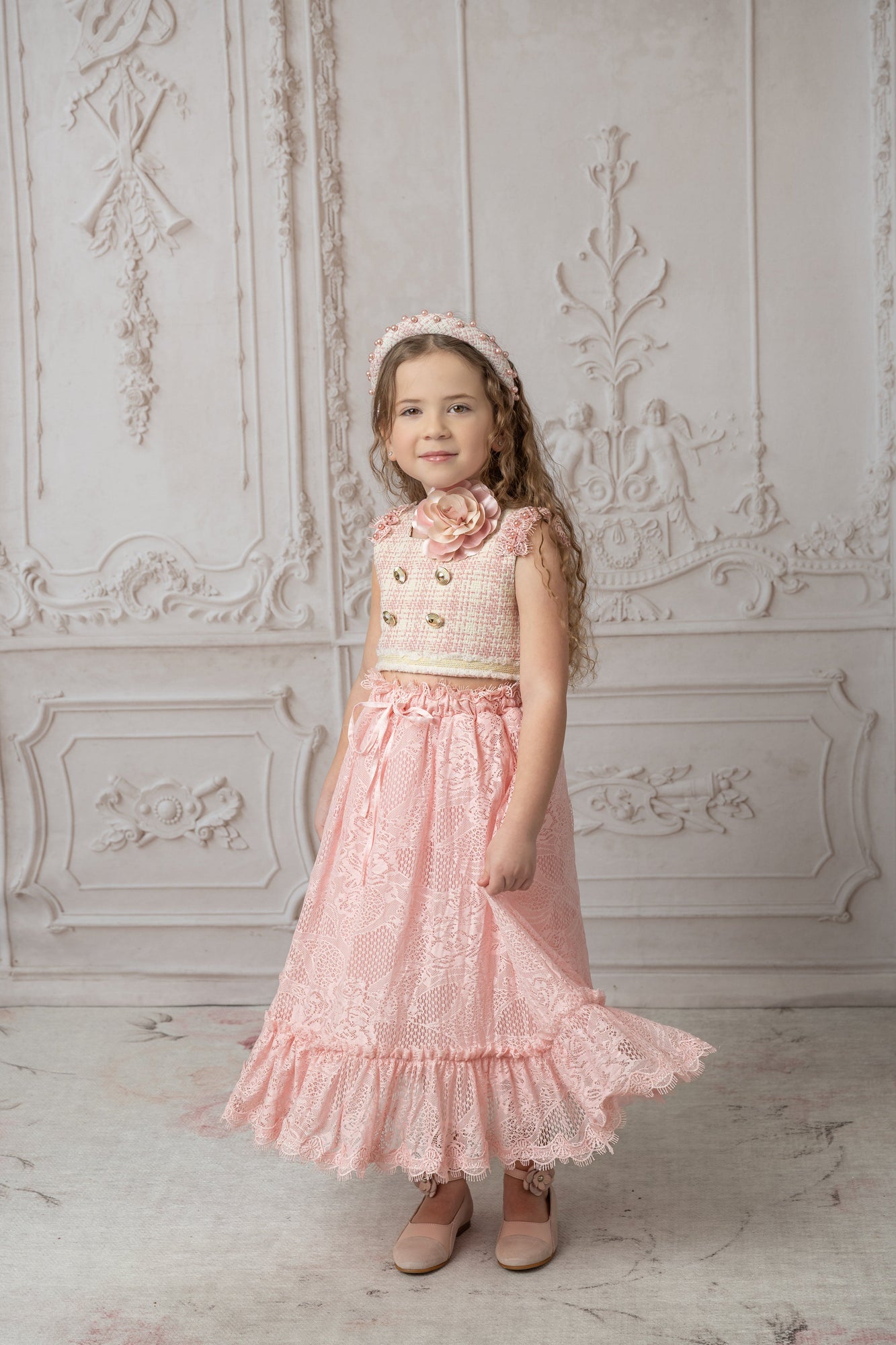 Baby Girls | Molly Tweed Top and Lace Skirt Set | Pink