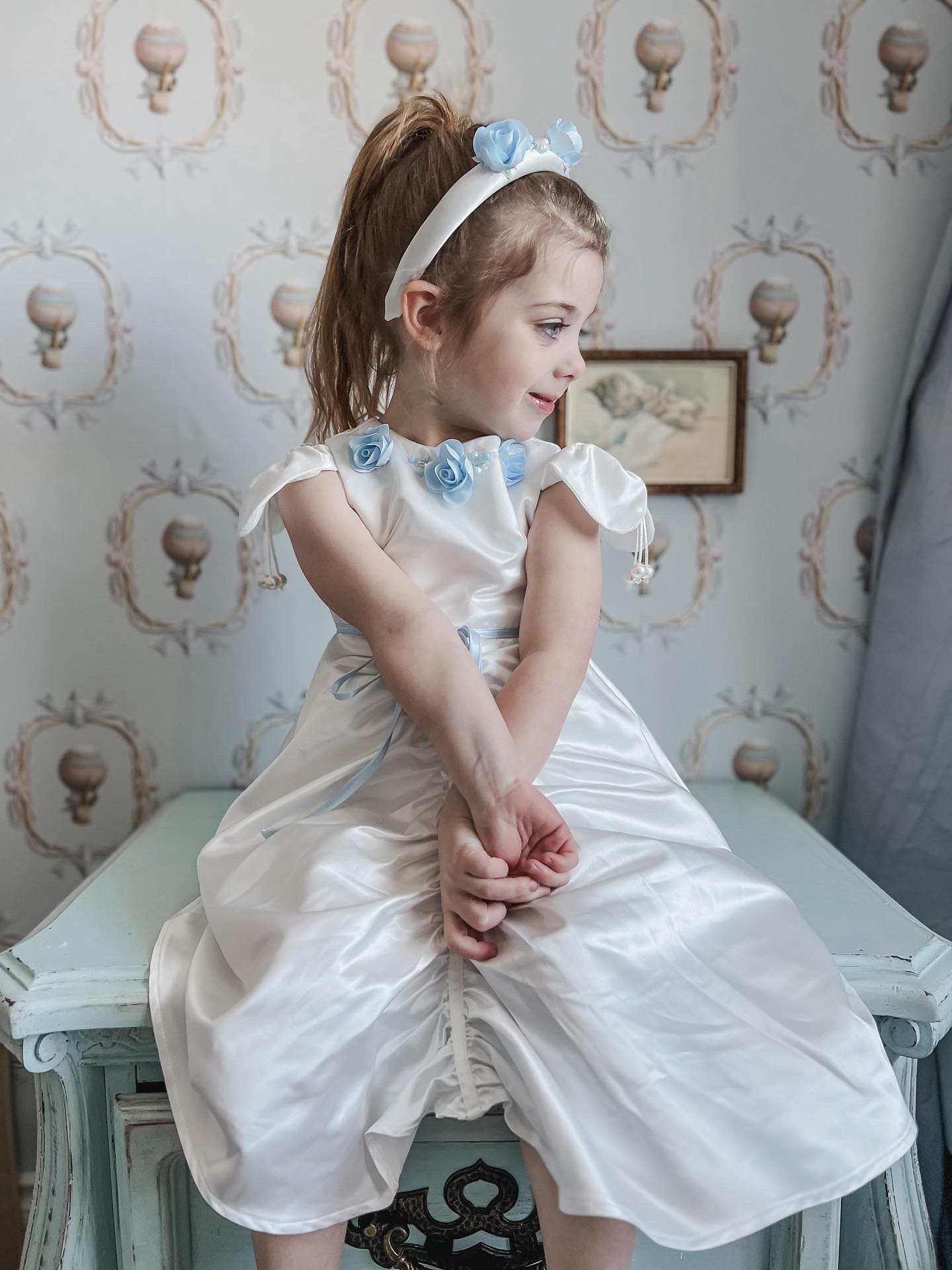 Baby Girls | Daphne Satin Dress with Embroidery | White & Blue