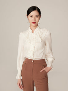 Ruffle-Collar Geometric Jacquard Blouse | White