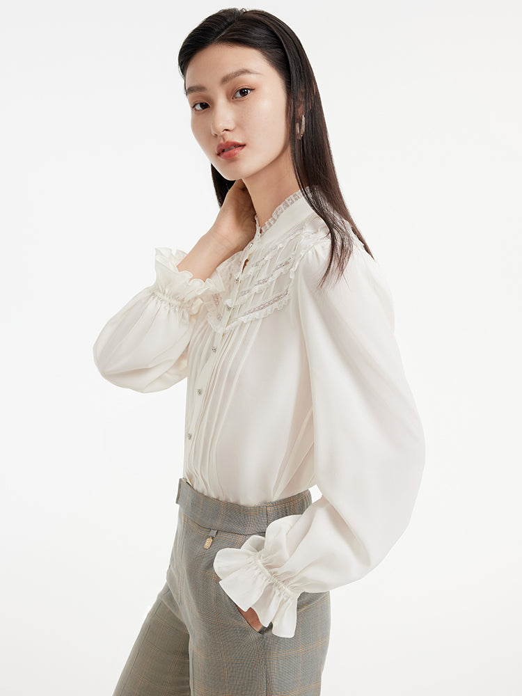 Silk Pleated Sleeve Shirt | White