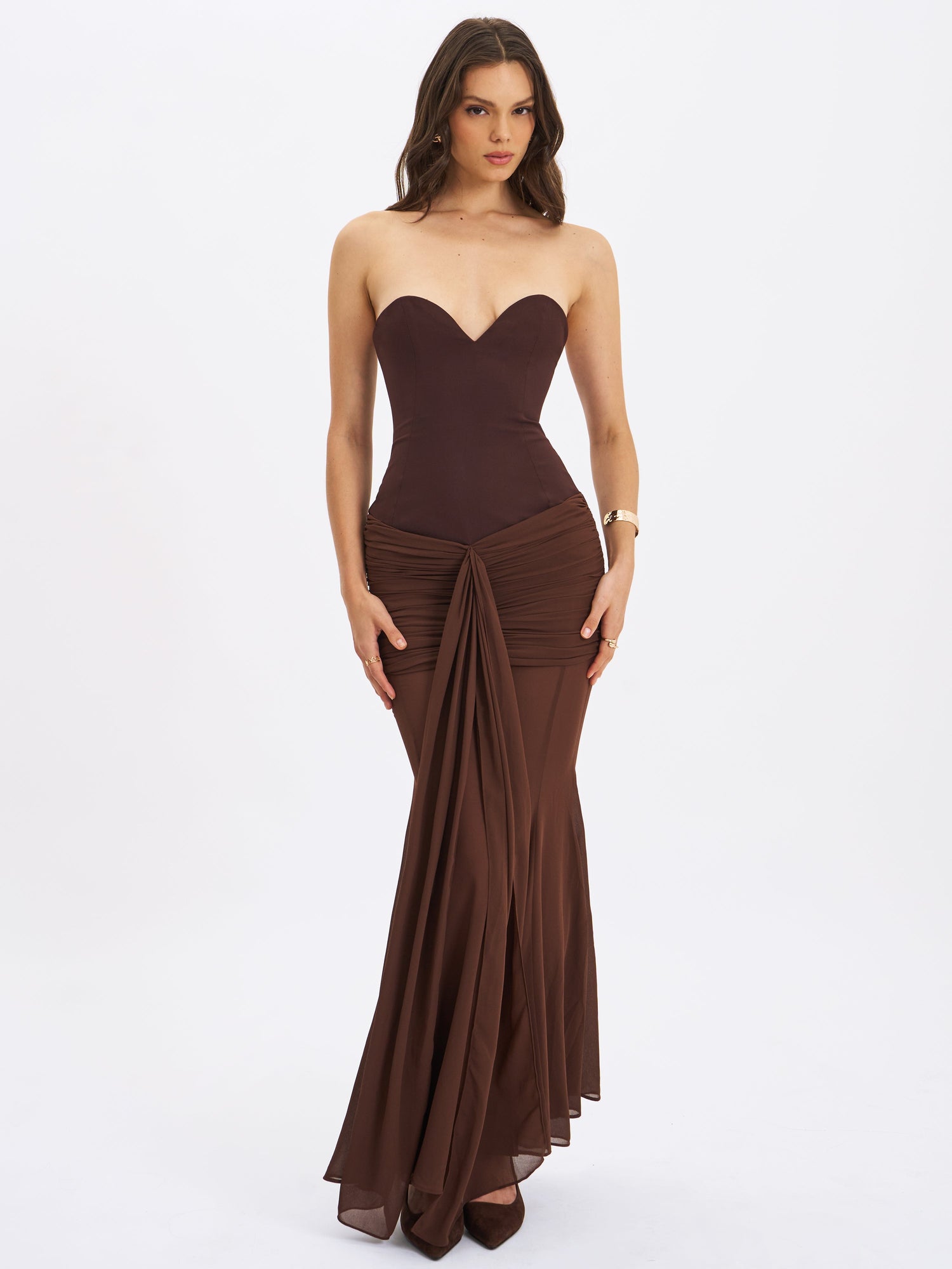 Giovana Sweetheart Draped Mesh Mermaid Maxi Dress | Espresso