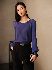 Puff Sleeves Knitted Shirt | Purple
