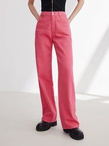 Cotton Linen Straight Jeans | Rose Red