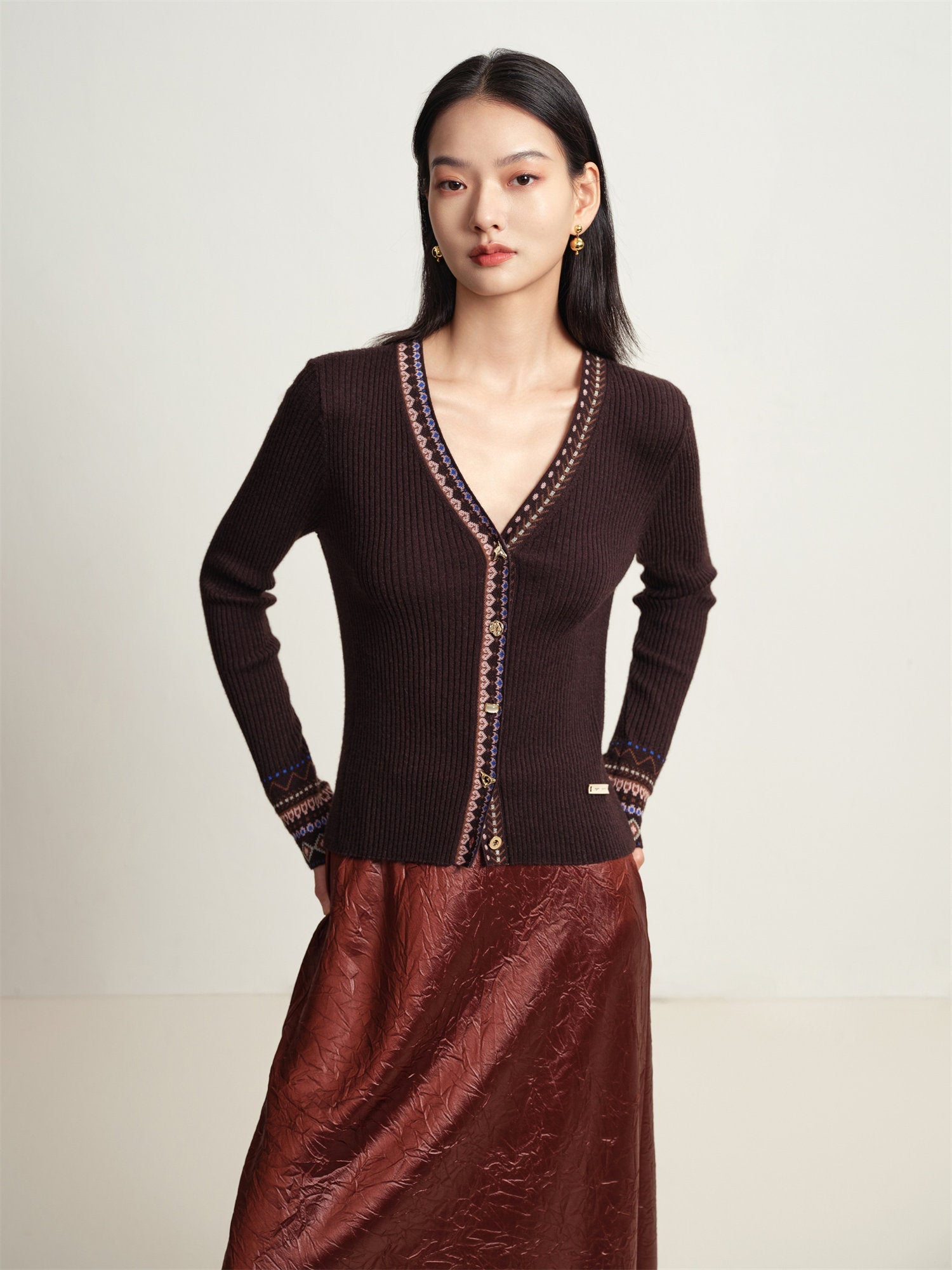 Ethnic Jacquard Knitted Cardigan | Brown
