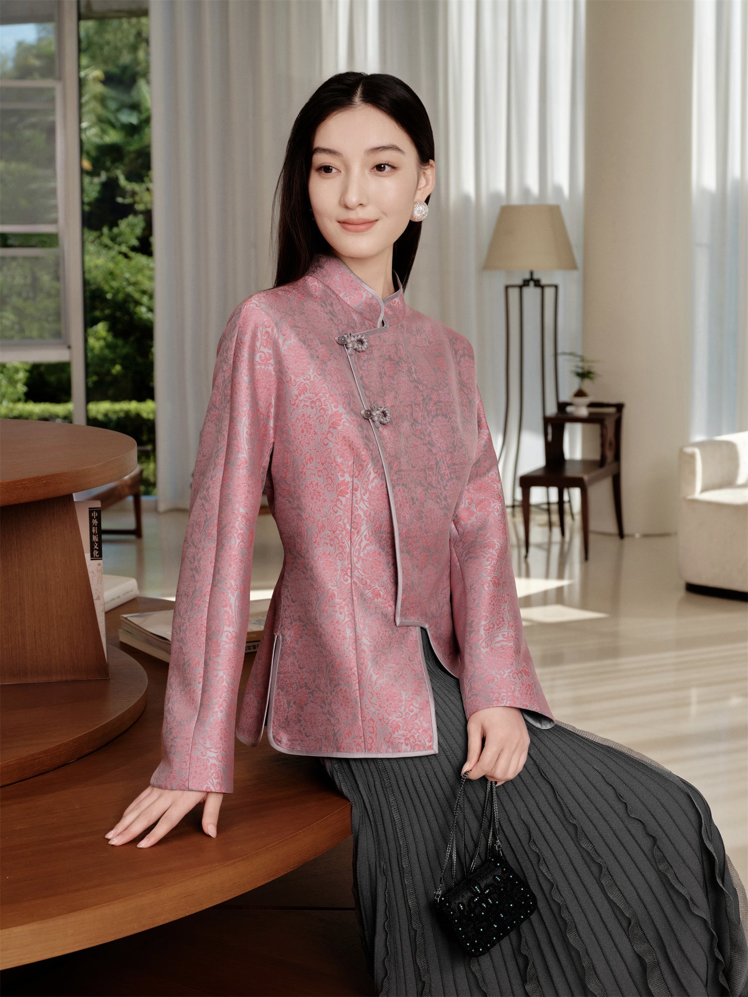 Chinese-style Mid-Waist Long Jacket | Pink